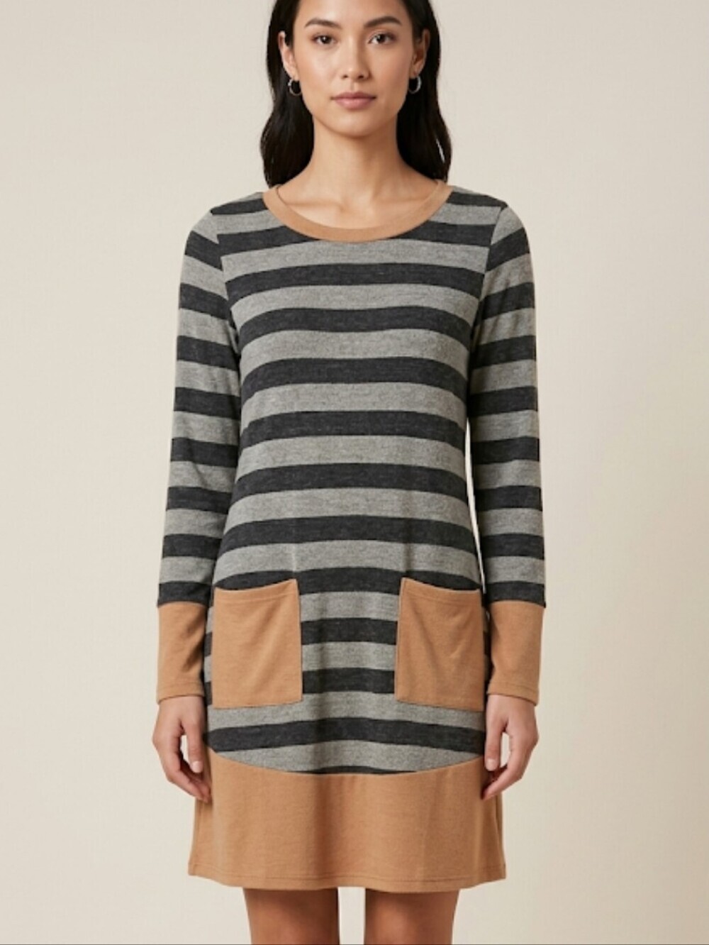 Flamingo Urban Longsleeve Jersey Dress Black & Gray Stripe with Brown Patch Pock